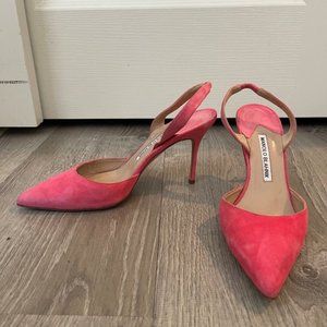 Manolo Blahnik Carolyne Pink Suede Slingback Heels 38.5